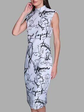 KARL LAGERFELD PARIS Printed Paris Print Mock Neck Scuba Sheath Dress sz 8